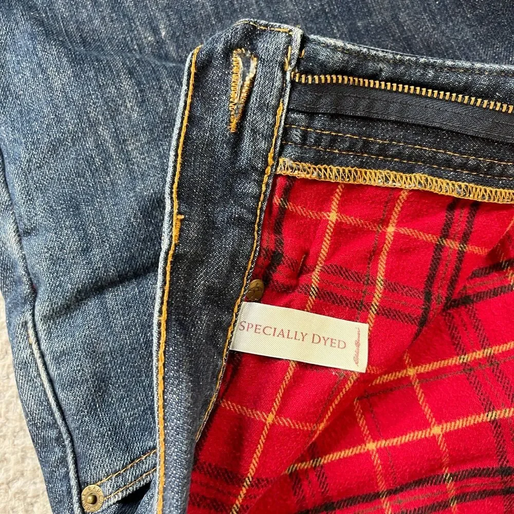 EDDIE BAUER Flannel Lined Jeans Mens 34x32 Blue Relaxed Red Plaid Outdoor Cowboy